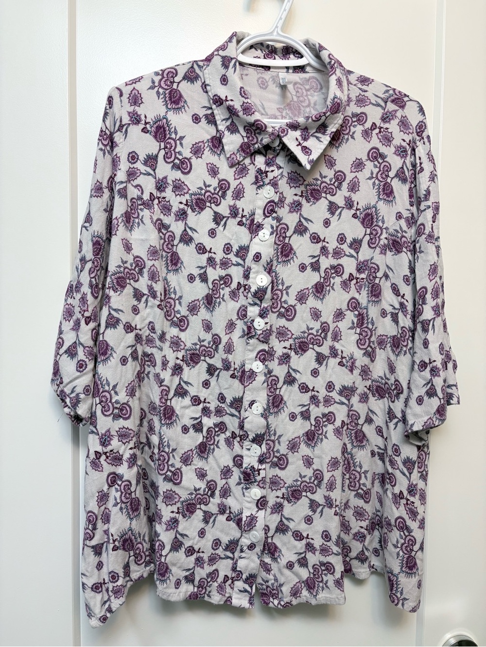 Blue Sky White Button-Down Shirt with Purple Floral Print
